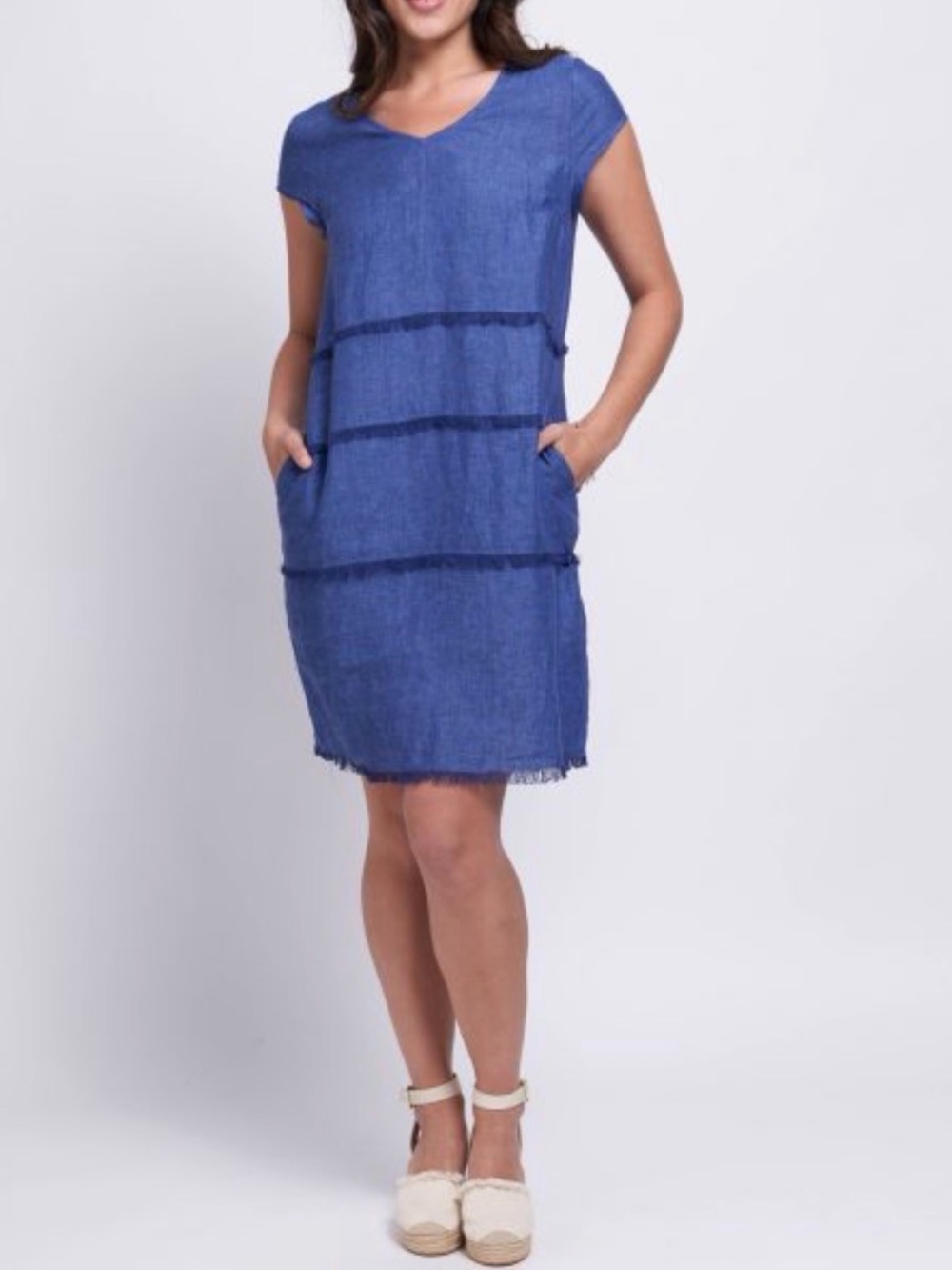 FOIL Blue Linen Fringe Shift Dress 8 V- Neck Cap Sleeve Pockets Summer Vacation